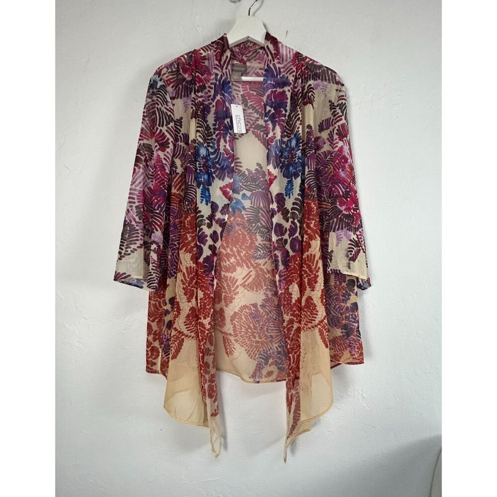 Chico's Womens Vibrant Floral Asymmetric Kimono Jacket Size 1 Multicolor New